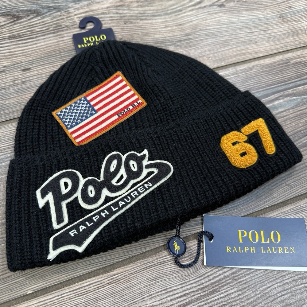 Polo Ralph Lauren Multi Patch Script Logo Black Knit Beanie Hat Black‎ Cap NWT